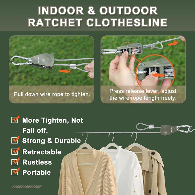 Vigorport Outdoor Retractable Clothesline, Portable Travel Clothes Line, Heavy Duty Rope Pully System with Metal Carabiner & Nylon Coating Wire Ropes for Camping, RV, Backyard（40Ft） - Image 5